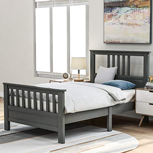 Wood Platform Bed with Headboard and Footboard, Twin, Harper&Bright Designs Wood Platform Bed with Headboard, Wood Slats Twin White/Grey, Twin Bed Frame, Wooden Platform Bed Ship from USA (Grey)