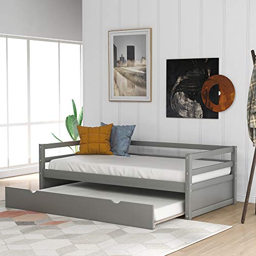 Wood Daybed with a Trundle No Box Spring Required Twin Trundle Daybed (Gray, Twin Size with Trundle-C)