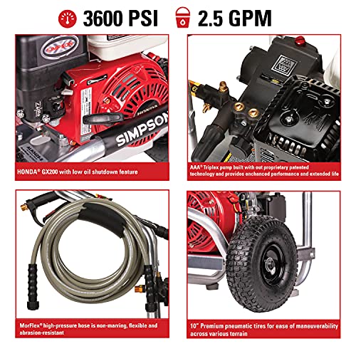 SIMPSON Cleaning ALH3425 Aluminum Gas Pressure Washer Powered by Honda GX200, 3600 PSI @ 2.5 GPM, Black & Red