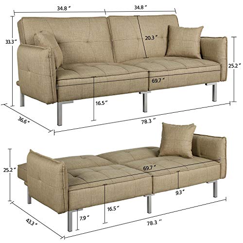 Topeakmart Sofa Couch Bed Daybed Foldable Futon Couch Sets Recliner Sofa Sleeper Living Room Home Office Furniture Linen Fabric Metal Legs 3 Angles Adjustable Khaki