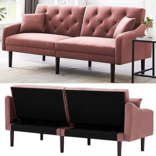 Futon Sofa Bed Sleeper Sofa with 2 Pillows and Armrest, Velvet Convertible Folding Couch Recliner Loveseat for Living Room Bedroom Dorm