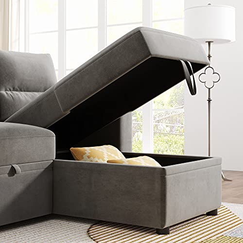 Modern Sectional Sofa Bed Couches for Living Room Sleeper L Shaped Sofas with Chaise Lounge Pull Out Comfy Faux Leather Couch Reclining Modular Foutons Convertible Neutral Grey Microfiber Full Size