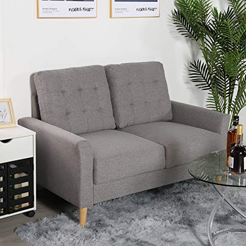 VECELO Modern Tufted Fabric Sofa with Armrest/Solid Wood Legs,Living Room Sets,Grey