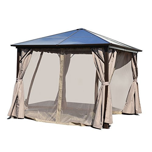 ALEKO GZBHR03 Aluminum Hardtop Gazebo with Removable Mesh Walls and Curtains - 10 x 10 Feet - Brown
