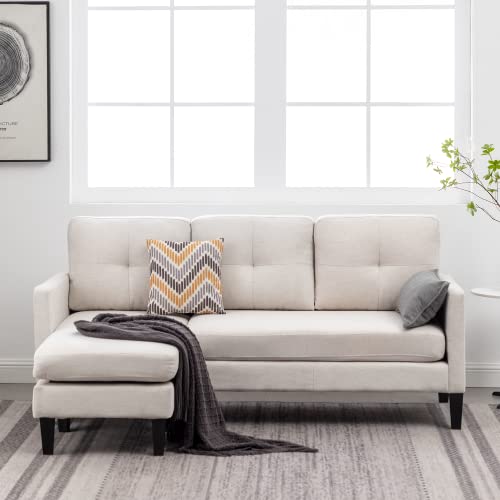 MELLCOM Convertible Modular Sofa Beige Sectional Sofa, L-Shaped Sofa Three Seat, Cream Couch for Living Room with Movable Ottoman, Beige Couch with Reversible Chaise Longue, Beige