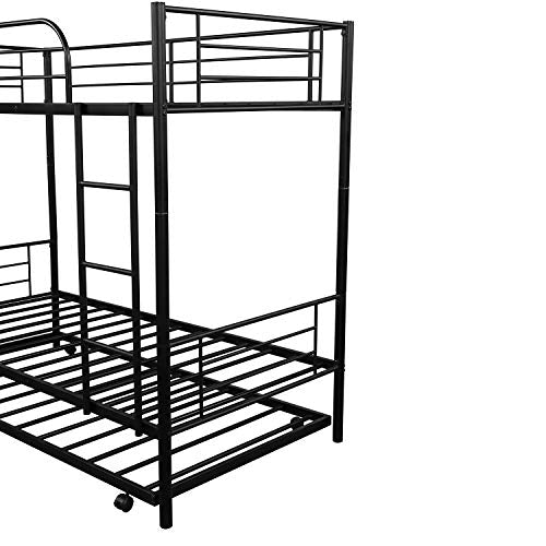Metal Bunk Bed with Trundle, Twin Over Twin Beds Can be Divided into Two beds, Heavy Duty Triple Bed Frame with Ladders & Safety Guard Rails（Black）