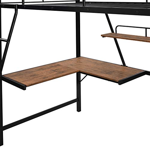 Twin Size Loft Bed with L-Shaped Desk and Shelf, Metal Loft Bed with Ladder, Black