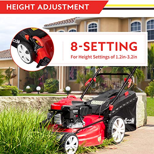Mellcom Gas Lawn Mower Electric Start 4-Cycle 173cc OHV 21-Inch Trimming Mower 4-in-1 Rear Wheel Drive Trimmer with 16 Gal Grass Box,8 Adjustable Mower Heights, Adjustable & Foldable Handlebars