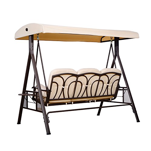 Outsunny Outdoor Patio 3-Person Steel Canopy Cushioned Seat Bench Swing with Included Side Trays & Padded Comfort, Beige