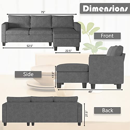 Pawnova Convertible Sectional Sofa Couch L-Shaped Settee with Soft Seat, Comfortable Backrest and Modern Linen Fabric for Small Space, Living Room, Gray