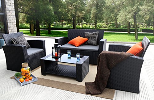Baner Garden 4 Pieces Outdoor Furniture Complete Patio Cushion Wicker P.E Rattan Garden Set, Full, Black