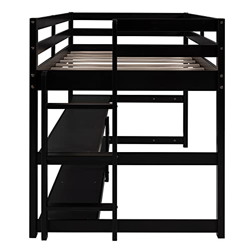 Low Loft Beds, Twin Loft Bed with Shelves and Storage ,Wood Loft Bed Frame for Kids Girls Boys Teens, Espresso