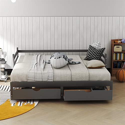 Twin Over Twin/Full/Queen/King Bunk Bed ,New Version Wooden Bunk Bed with Drawers ,Extendable Pull-Out Bunk Bed ，Convertible to Daybed and Loft Bed , Functional Twin Bunk Bed ,Grey