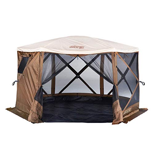 CLAM Quick-Set Escape Sky Camper 11.5 x 11.5 Ft Portable Pop-Up Outdoor Gazebo Screen Tent 6 Sided Canopy Shelter w/Ground Stakes & Carry Bag, Brown