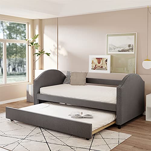 Full Daybed Upholstered Daybed with Trundle, Full Size Sofa Bed Wood Bed Frame for Kids/Teens/Girls/Boys, Gray
