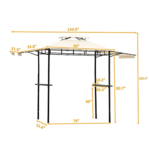 12Ft.Wx8.5Ft.H Gazebo Tent Canopy Steel Double Tiered Backyard Patio BBQ Grill Gazebo with Bar Counters