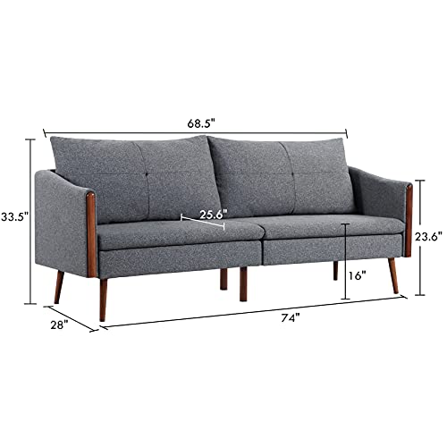 Vonanda Sofa Couch, Mid Century Modern Decor Small Couch with Clean Lines, 74 Inch in Length Fabric Couches for Living Room/Small Spaces/Office, Grey