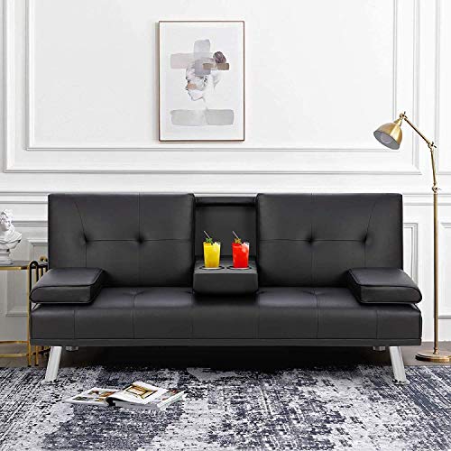 MOOSENG Futon Bed Faux Leather Couch Convertible Sleeper Sofa Folding Recliner 2 Cup Holders for Living Room, 65.7inches, Black