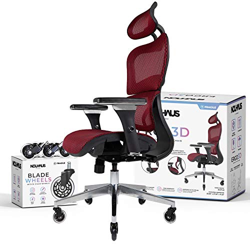 NOUHAUS Ergo3D Ergonomic Office Chair - Rolling Desk Chair with 4D Adjustable Armrest, 3D Lumbar Support and Blade Wheels - Mesh Computer Chair, Gaming Chairs, Executive Swivel Chair (Burgundy)