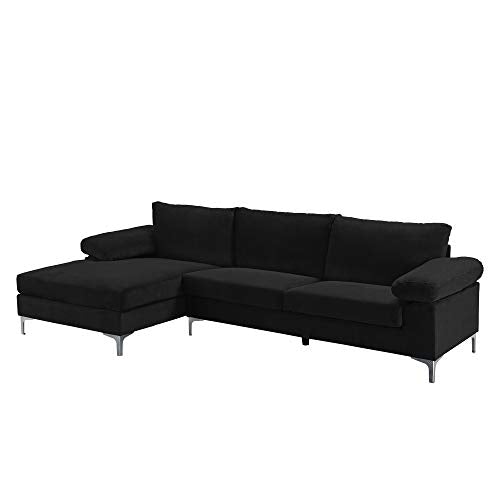 Casa Andrea Milano llc Modern Large Velvet Fabric Sectional Sofa, L-Shape Couch with Extra Wide Chaise Lounge, Jet Black