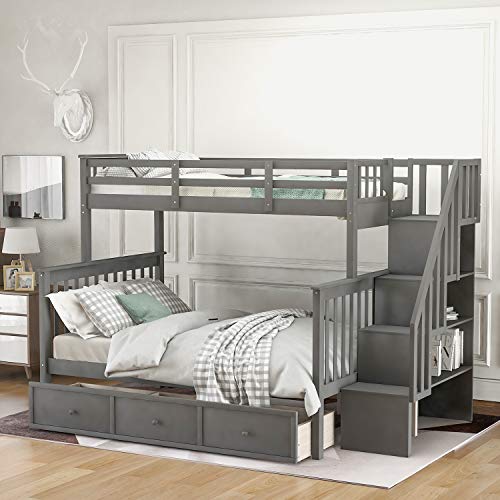 Harper & Bright Designs Twin Over Full Bunk Bed with Drawers, Bunk Bed Frame for Kids/Teens, Solid Wood Bunk Bed with Storage Staircases, Convertible Bunk Bed (Twin Over Full with Drawers, Grey)