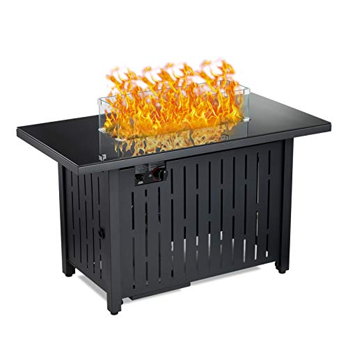 Propane Fire Pit Table，60,000 BTU Square Gas Firepits ETL Certification Rattan & Wicker-Look Surface Steel Square Fire Table with Adjustable Flame Apply to Garden/Patio/Courtyard (44inch)
