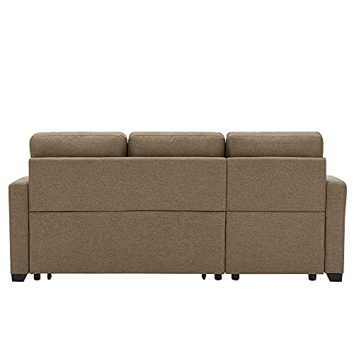 YOGLAD Reversible Sectional Sofa Chaise for Living Room, Pull Out Bed Sleeper Couch with Storage, 81 inch Wide L-Shaped Couch with 2 Cup Holder, Brown Linen