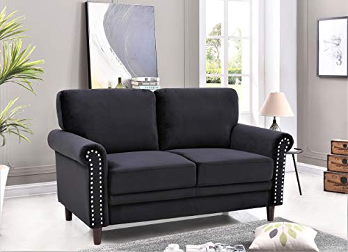 Container Furniture Direct Modern Velvet Upholstered Rolled Arm Loveseat, Loose Back 2-Seater Sofa Couch for Living Room, Bedroom, Reading and Home Office, 57 Inches, Black