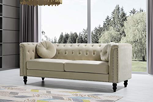 US Pride Furniture Modern Style High Density Foam 75.98'' Wide Cream Velvet Rolled Arm Chesterfield Living Room Removable Cushion & Solid Wood Legs (S5608-5613) Sofas
