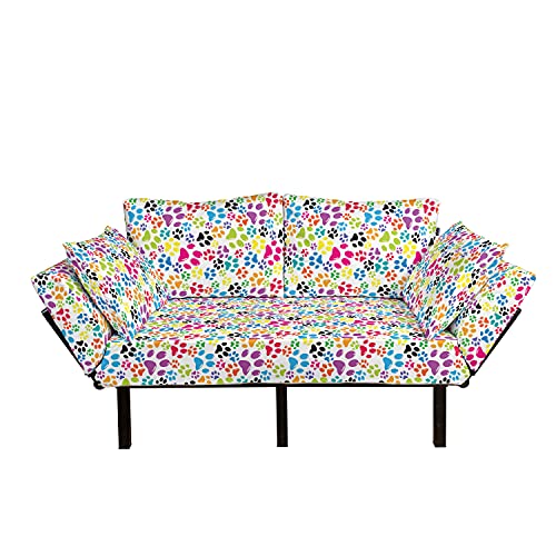 Ambesonne Dog Futon Couch, Colorful Little Paws Steps Art Cartoon Unusual Traces Design, Daybed with Metal Frame Upholstered Sofa for Living Dorm, Loveseat, Blue Purple