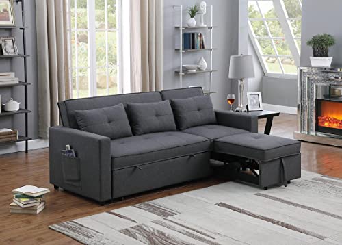 Lara Linen Fabric Convertible Sleeper Sofa with Side Pocket in Dark Gray
