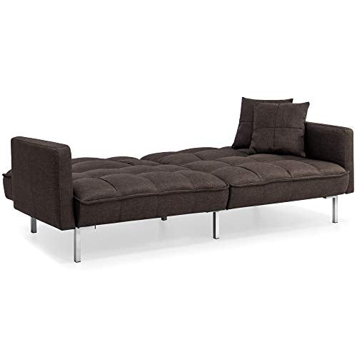 Best Choice Products Linen Upholstered Tufted Convertible Splitback Sleeper Futon w/Pillows, Brown