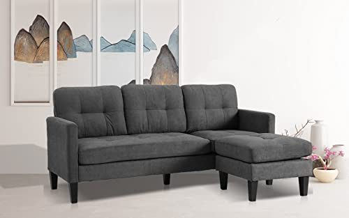LEISU Convertible Sectional Sofa Couch with Reversible Chaise, L-Shaped Sofa Set Modern Linen Fabric Couch for Small Space, Living Room, Brown (Grey)