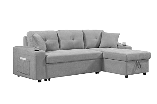 COODENKEY Modern Velvet Sectional Convertible with 2 Cupholders and Two Side Pockets,Reversible Pull Out Couch Storage Chaise Lounge for Living Room Apartment, Light Gray