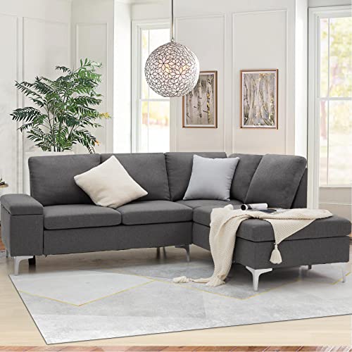 YODOLLA Convertible Sectional Sofa with Storage Space, Comfortable Sofa for Living Room, 3-seat Lounge Couch with Adjustable Ottoman, Grey Color