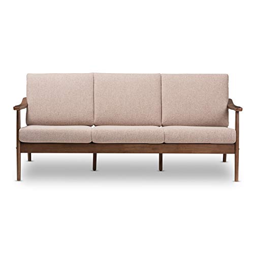 Baxton Studio Venza Mid-Century Modern Walnut Wood Light Brown Fabric Upholstered 3-Seater Sofa Mid-Century/Light Brown/Walnut Brown/Fabric Polyester 100%