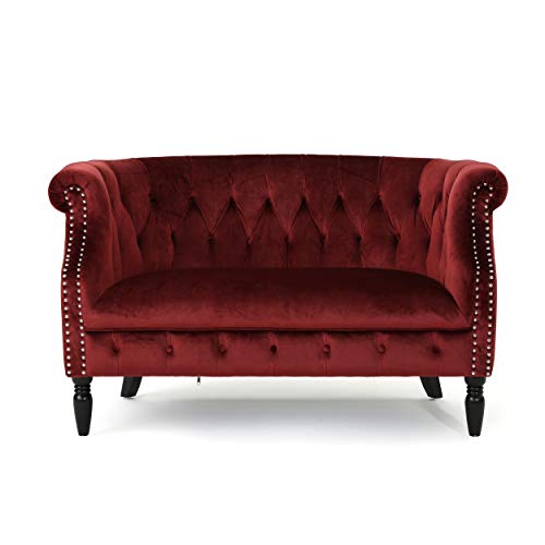 Melaina Tufted Chesterfield Velvet Loveseat with Scrolled Arms, Garnet and Dark Brown