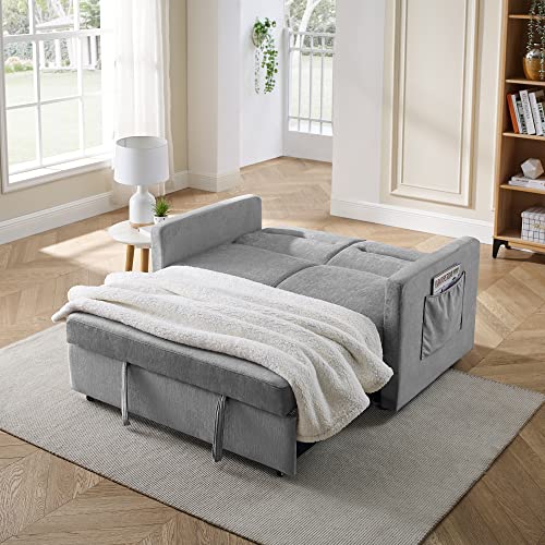 Sleeper Sofa Bed, Modern Sofa with Pull-Out Bed, Convertible 3-in-1 Loveseat Uphostered Sofa with Adjustable Backrest and 2 Big Side Pockets for Small Space Living Room (Gray)