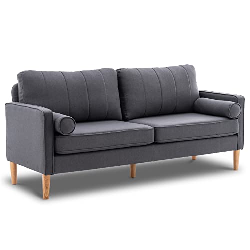 Idealismliving 74'' Modern Sofa Couch, Fabric Upholstered 3 Seater Living Room Sofa with 2 Bolster Pillows and Solid Wood Legs, Comfortable Couch for Bedroom, Office, Apartment, Grey