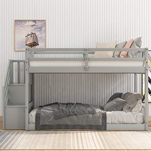 Twin Over Twin Floor Bunk Bed, Ladder with Storage, Wood Kids Bunk Bed, Gray