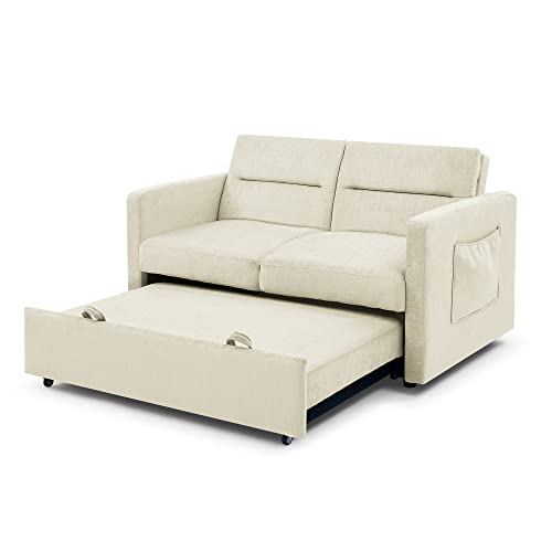kupet Convertible Sleeper Sofa Loveseats Pull-Out Beds Adjustable Back and Two Arm Pocket, Beige