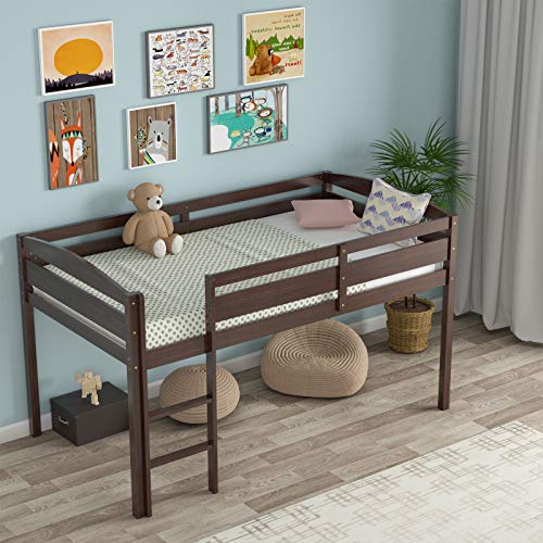 Costzon Loft Bed Twin, Classic Wood Low Loft Bed w/Guard Rail & Ladder, Kids Loft Bed for Boys, Girls, No Box Spring Needed, Easy Assembly, Children Wood Frame Bunk Bed for Bedroom Guestroom, Espresso