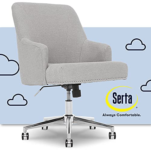 Serta Leighton Home Office Chair with Memory Foam, Height-Adjustable Desk Accent Chair with Chrome-Finished Stainless-Steel Base, Twill Fabric, Light Gray