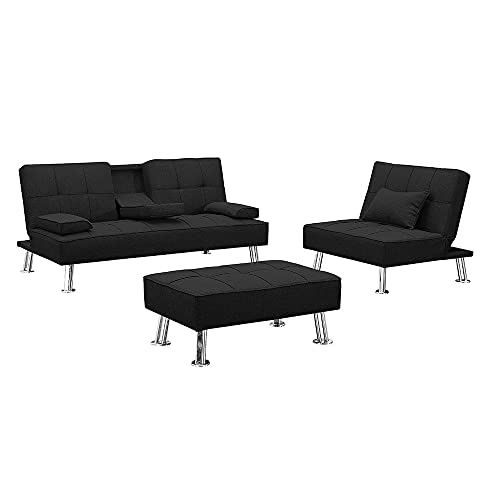 Polibi 3-Piece Black Fabric Sofa Couch Set, Convertible Folding Sofa Bed with Two Cup Holders, Single Sofa Bed with Ottoman, Removable Armrest and Metal Legs