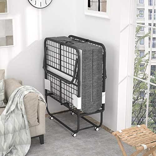 Karcog Rollaway Bed, Folding Bed with Mattress for Adults, Storage Cover Included, Cot Size Extra Guest Bed, Foldable Bed with 5 Inch Memory Foam Mattress and Sturdy Metal Frame on Wheels - 75” x 31