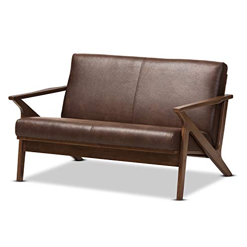 Baxton Studio Bianca Mid-Century Modern Walnut Wood Dark Brown Distressed Faux Leather 2-Seater Loveseat Mid-Century/Dark Brown/Walnut Brown/Faux Leather/Rubber Wood/