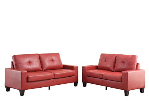 Cotoala 2 Piece Living Room Sectional Sofa Sets, Modern Tufted Back Upholstered Couch Furniture, Track Arm Classic Mid-Century Style, Three-Seat Chair & Loveseat, PU Red