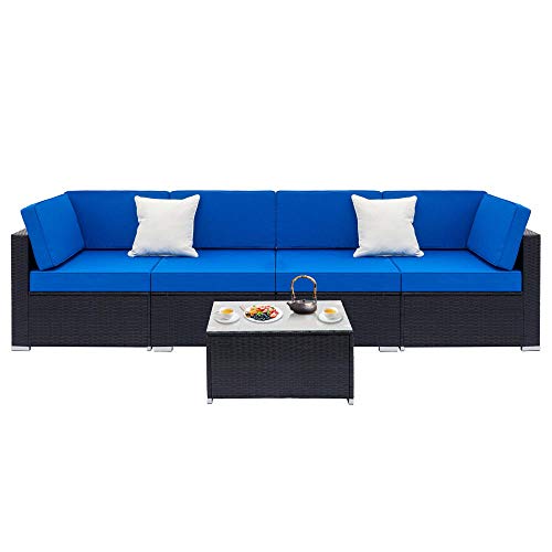 XZHYMJ 5 PCS Sectional Couch with 2 Pillows Living Room Furniture Sets Fully Equipped Weaving Rattan Sofa Set Convertible Sofa for Patio Garden Home
