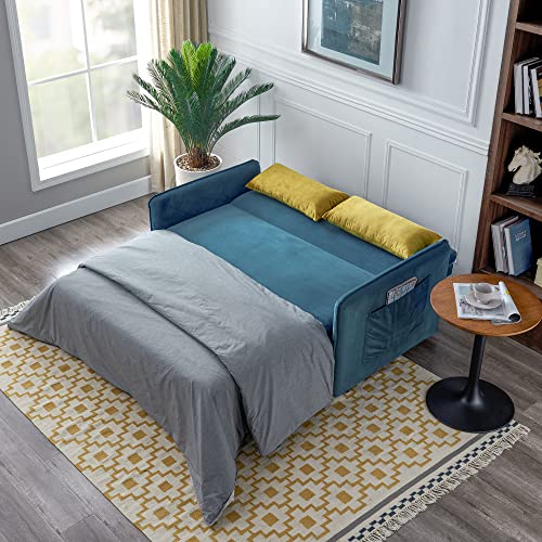 57” Convertible Sofa Bed Futon Sleeper Bed with 2 Lumbar Pillow, Side Pocket and Pull Out Bed Velvet Sofa for Living Room Apartment Blue