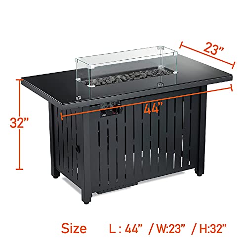 Propane Fire Pit Table, 44 Inch 60,000 BTU Auto-Ignition Gas Fire Pit Table for Outside Patio Fireplace Table Outdoor Fire Tables Rectangle Fire Pit CSA Certification Firepit with Glass Wind Guard